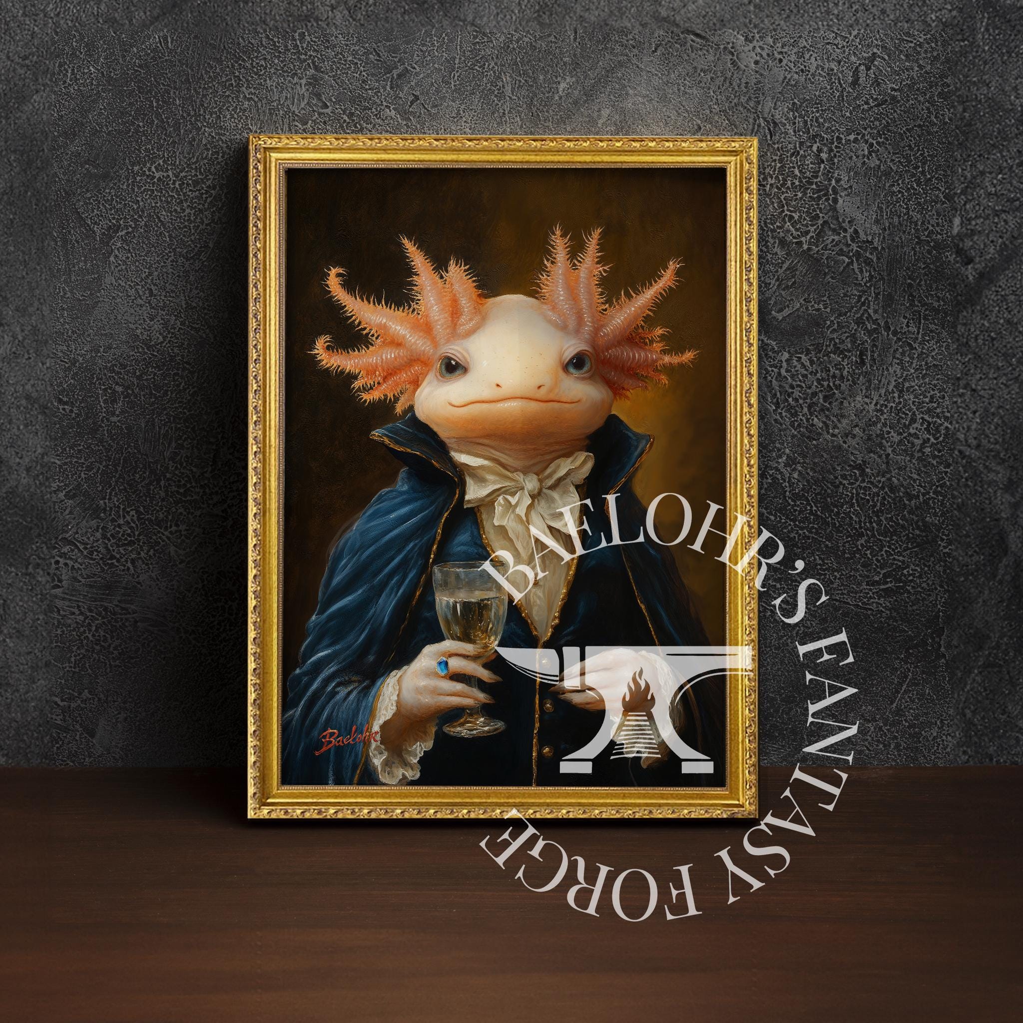 Axolotl Aristocrat Framed Art, Whimsical Anthropomorphic Oil