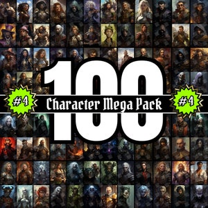 Puede incluir: Un collage de 100 retratos de personajes diferentes, con una variedad de personajes de fantasía y ciencia ficción. La imagen está etiquetada como "100 Character Mega Pack #4".