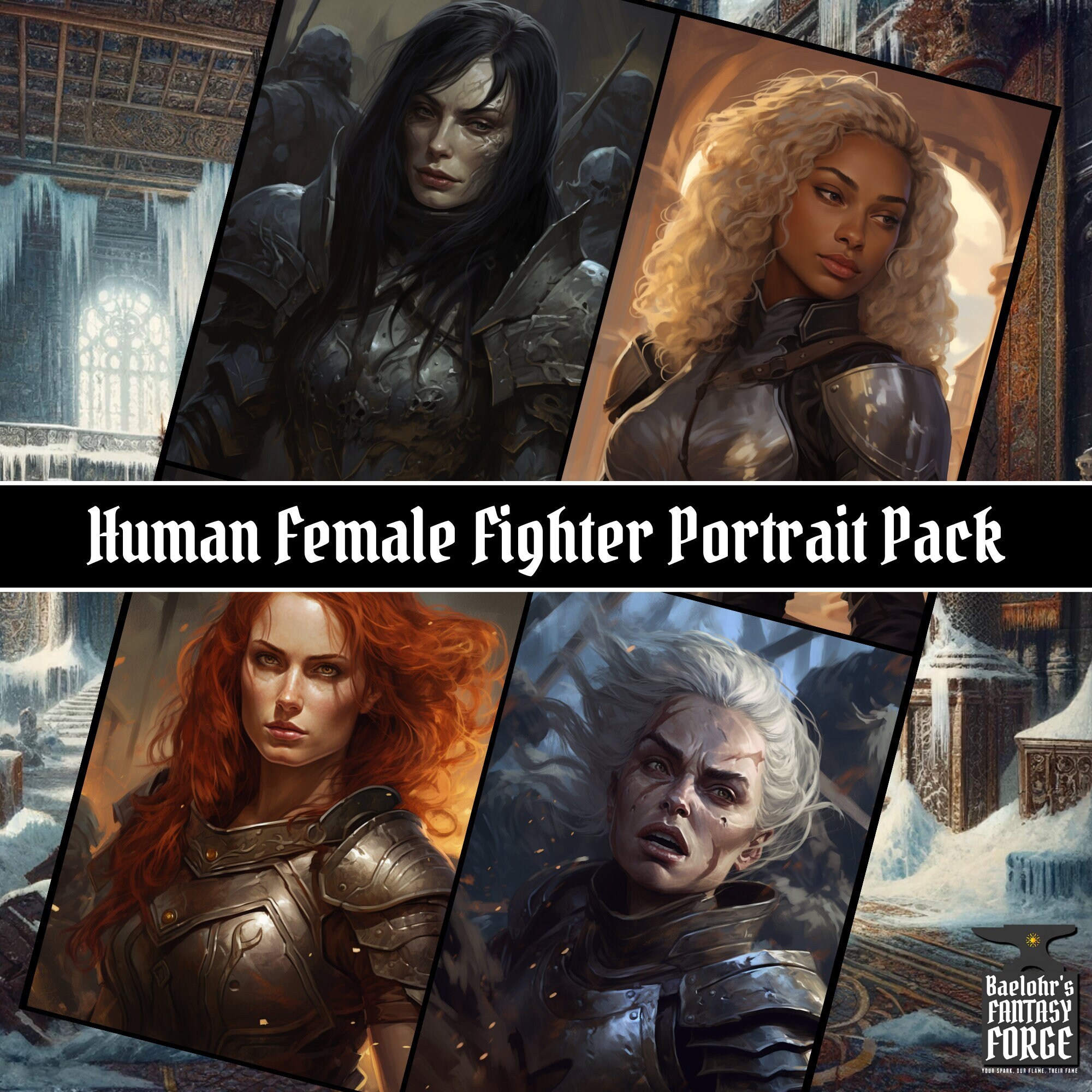 Female Human Fighter Portraits | 16-pack #1 | Dungeons & Dragons DnD | Pathfinder RPG Game Character | Fantasy Illustration Digital Artworks