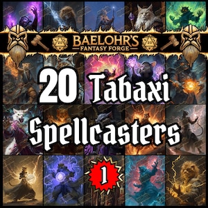 Könnte beinhalten: Eine Sammlung von Fantasy-Art-Karten mit Tabaxi-Zauberwirkern. Die Karten zeigen verschiedene katzenartige Charaktere, die Zaubersprüche wirken, mit lebendigen Farben und dynamischen Posen. Der Text auf den Karten lautet "20 Tabaxi Spellcasters" und "Baelohr's Fantasy Forge".