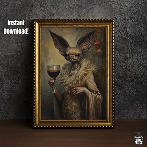 Gothic Bat with Wine Print, Vintage Baroque Printable, Renaissance Vampire Decor, Dark Academia Oil Painting, Goth Wall Art, Digital Poster