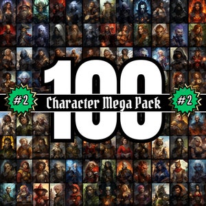 May include: A collage of 100 different character illustrations, featuring a variety of fantasy and sci-fi characters. The characters are depicted in a variety of poses and expressions, and they are all wearing unique and interesting costumes. The collage is surrounded by a black border, and the text "100 Character Mega Pack #2" is displayed in the center.