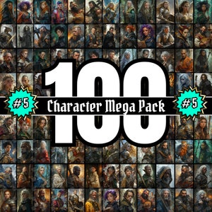 Puede incluir: Un collage de 100 ilustraciones de personajes diferentes, que presenta una variedad de personas con apariencias, edades y estilos de vestimenta diversos. La imagen está etiquetada como "#5 Character Mega Pack".