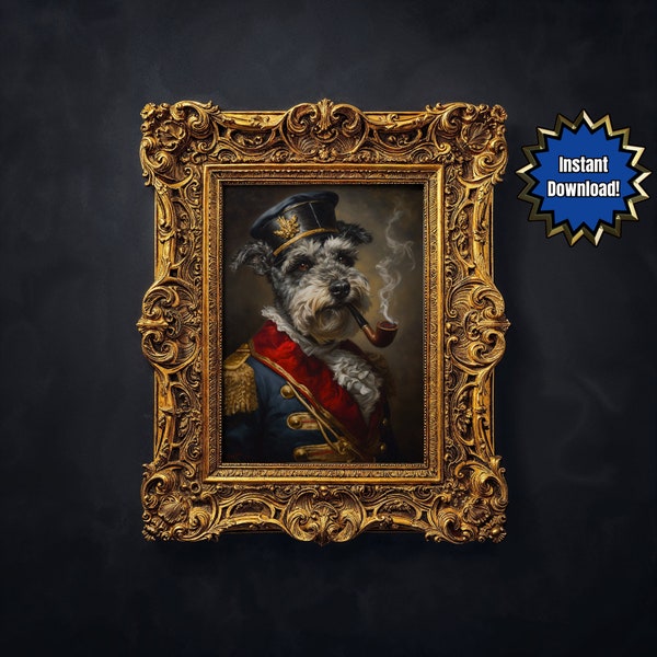 Portrait de schnauzer nain, chien de capitaine de la marine, Renaissance vintage, décor marine antique, peinture à l'huile art mural, cadeau maximaliste original pour