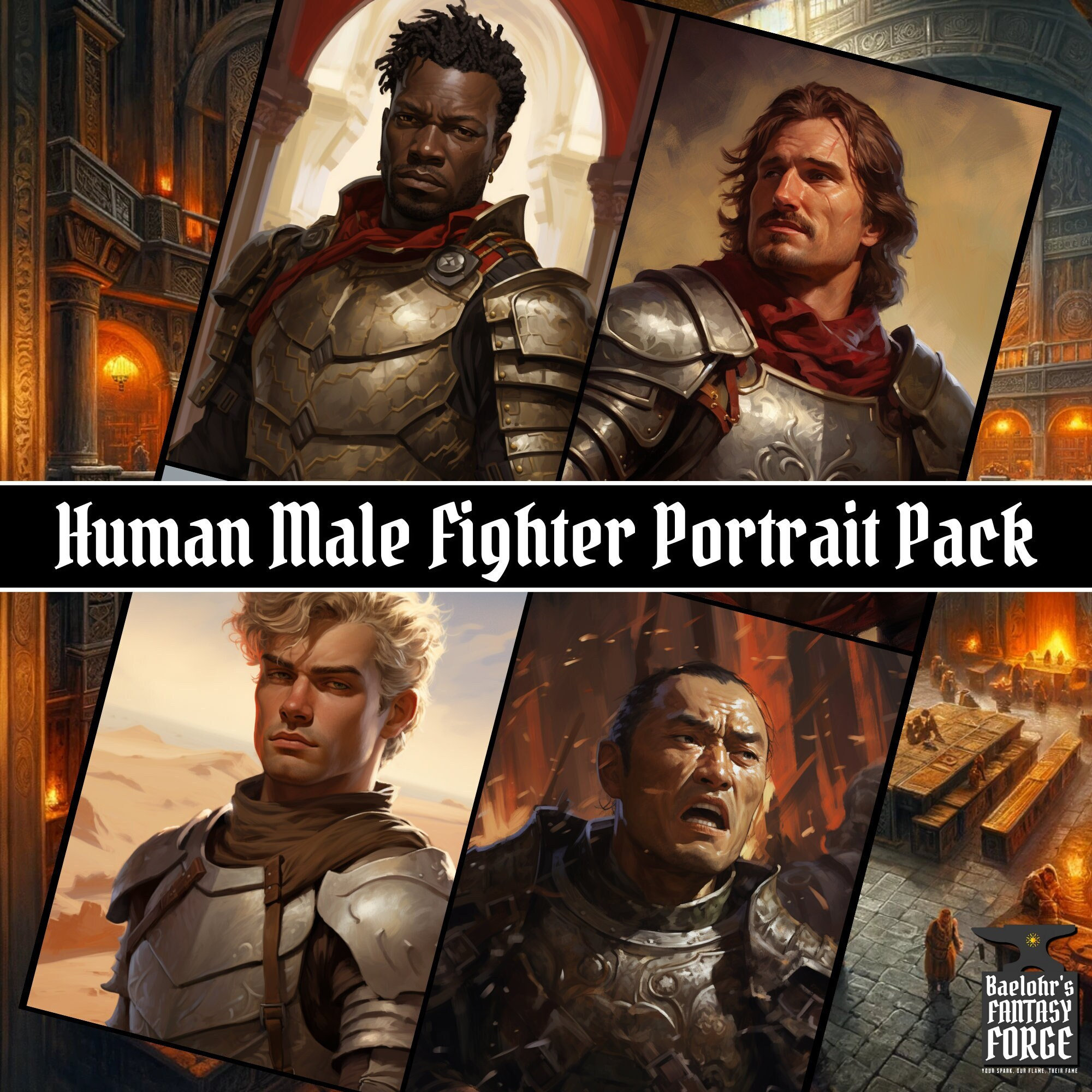 Male Human Fighter Portraits | 16-pack #1 | Dungeons & Dragons DnD | Pathfinder RPG Game Character | Fantasy Illustration Digital Artworks