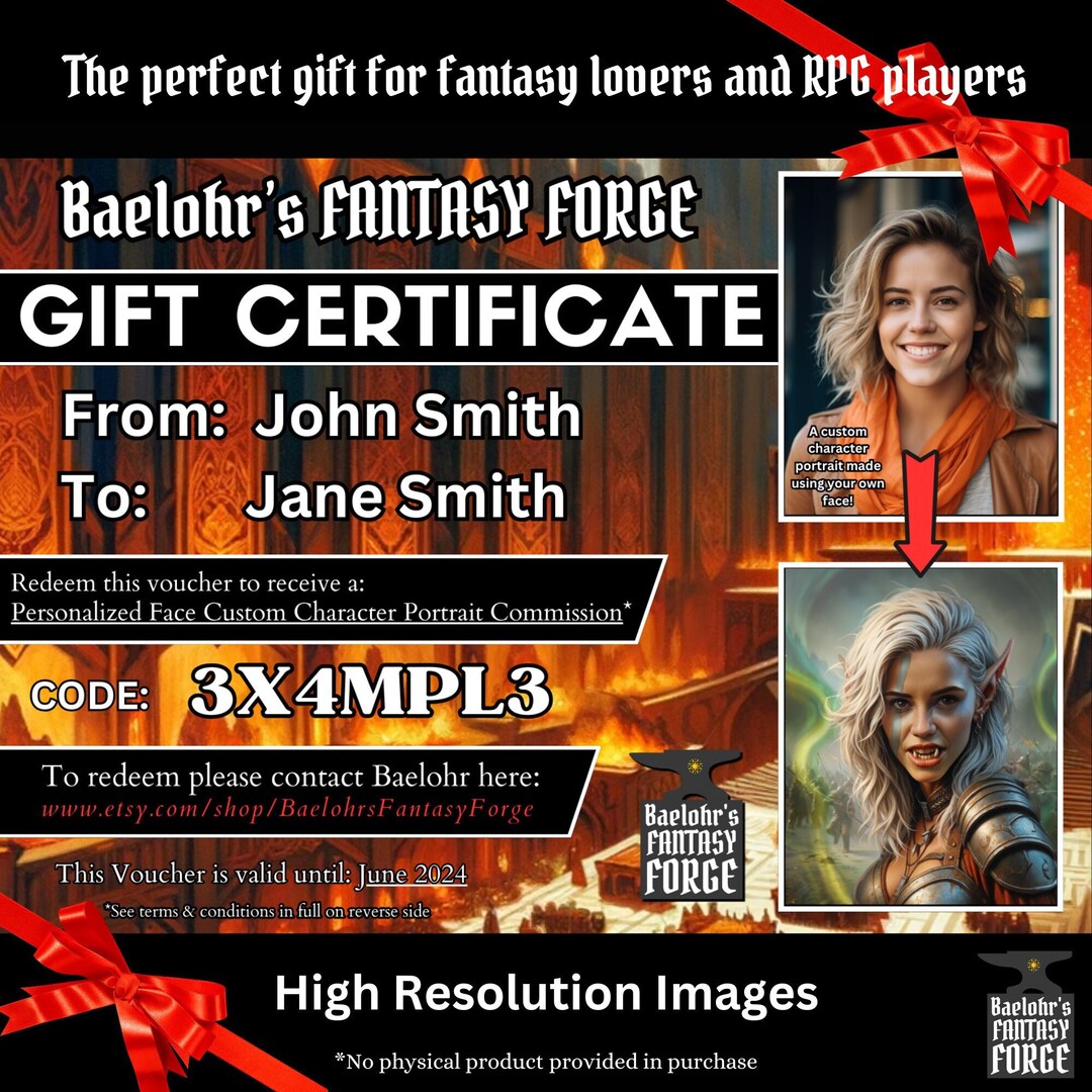 Gift Certificate Personalized Face Custom DND Character Portrait