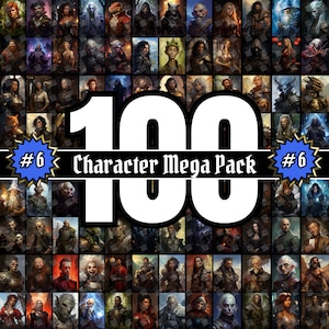 Puede incluir: Una colección de 100 retratos de personajes de fantasía, cada uno con rasgos y atuendos únicos. Los retratos están dispuestos en una cuadrícula, con el texto "100 Character Mega Pack #6" superpuesto en el centro.