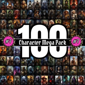 Puede incluir: Una cuadrícula de 100 retratos de personajes con diversos temas de fantasía. El texto central dice "100 Character Mega Pack" con un gráfico de explosión rosa etiquetado "#7". Los retratos presentan varias razas y clases.