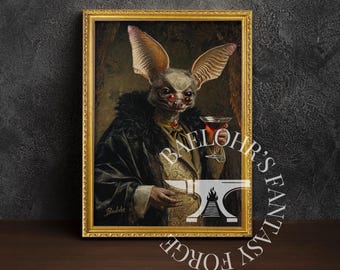 Gotische vergulde vleermuistelling met martiniprint, vintage barok ingelijste kunst, renaissance vampierdecor, donkere academische wereld olieverfschilderij, goth kunst aan de muur