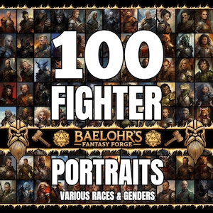 Puede incluir: Un collage de 100 retratos de luchadores de fantasía, con diversas razas y géneros. Los retratos están en formato de cuadrícula, con cada retrato enmarcado en un borde negro. El texto "100 Fighter Portraits" se muestra en letras blancas grandes en la parte superior del collage. El texto "Baelohr's Fantasy Forge" se muestra en una fuente blanca más pequeña debajo de los retratos. El texto "Various Races & Genders" se muestra en una fuente blanca más pequeña en la parte inferior del collage.