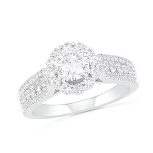 Forever One Moissanite and White Sapphire Frame Triple Row Flower Ring in Sterling Silver Dazzling Design Diamond Engagement Rings For Her