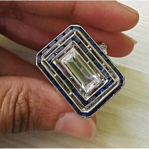Art Deco Old Mine Cut Diamond and Calibre Cut Sapphire Engagement Ring Antique Emerald Ring Vintage-style Edwardian Ring  Art Deco Jewelry