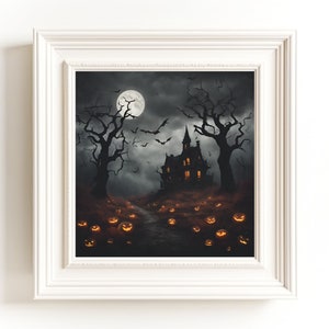 PRINTABLE Halloween Print, Haunted House Wall Art, Dark Halloween Print, Spooky House Printable Art, Digital Download Art Print, Pumpkins