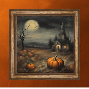 PRINTABLE Halloween Print, Haunted House Wall Art, Dark Halloween Print, Spooky House Printable Art, Digital Download Art Print, Pumpkins