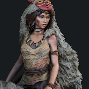 May include: A detailed figurine of a woman with long brown hair, blue eyes, and red markings on her face. She wears a tan top, a fur-lined hood with a mask, and a necklace with bone-like pendants. The figure has a determined expression.