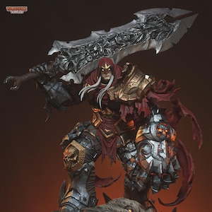 May include: A detailed figurine of a warrior in ornate armour, holding a massive sword. The figure has a red hooded cloak and long white hair. The base features a monster's head with sharp teeth and flames.