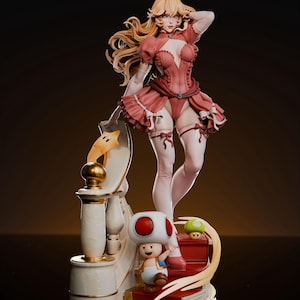Puede incluir: Figura detallada de la Princesa Peach de la franquicia Super Mario. La figura está en una pose dinámica, vestida con un vestido rosa y una corona. Un personaje de Toad y un hongo verde también aparecen en la base, que se asemeja a una escalera.