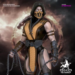 Peut inclure: Figurine imprimée en 3D d'un personnage féminin en costume noir et jaune, avec capuche et masque. La figurine tient des chaînes et présente un design détaillé. Le texte "FEM SCORPION SEPTEMBER RELEASE" est visible.