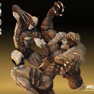 Könnte beinhalten: Ein 3D-gedrucktes Modell von Wolverine und Sabretooth in Kampfpose. Das Modell ist in Braun, Schwarz und Weiß bemalt. Das Modell ist im Maßstab 1:6 und für den Resin- und FDM-Druck geeignet. Das Modell ist vorab unterstützt und getestet.