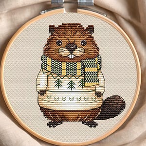 Adorable Beaver Cross Stitch Pattern PDF - Cozy Animal in a Sweater Embroidery Chart  instant download