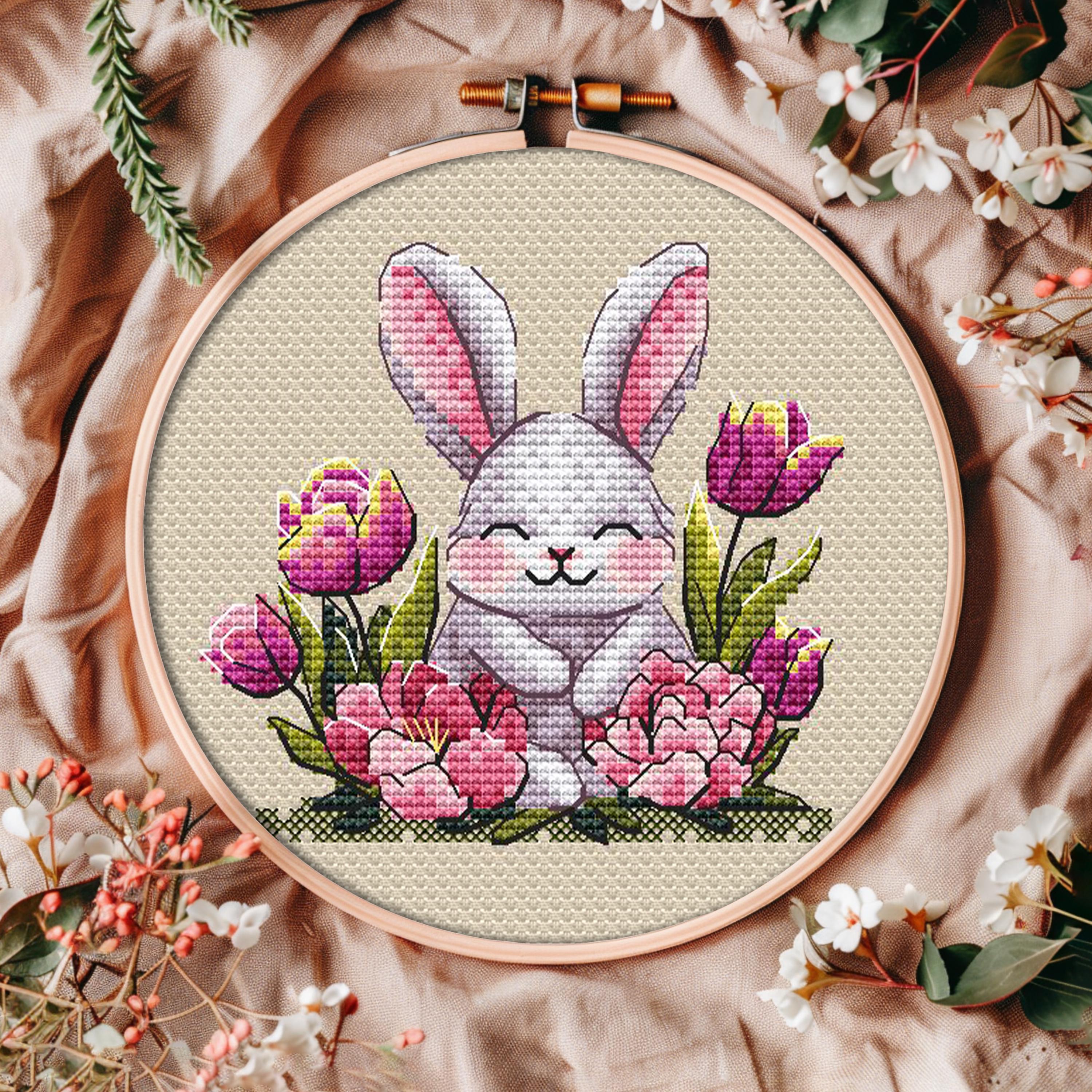 Spring Bunny Cross Stitch Pattern PDF, Rabbit With Flowers, Floral ...