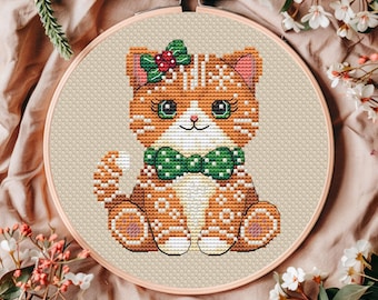 Digital cross stitch pattern Gingerbread Cat - Chrictmas ornament kitty, kitty cross stitch embroidery, modern cross stitch Cat, Needlework