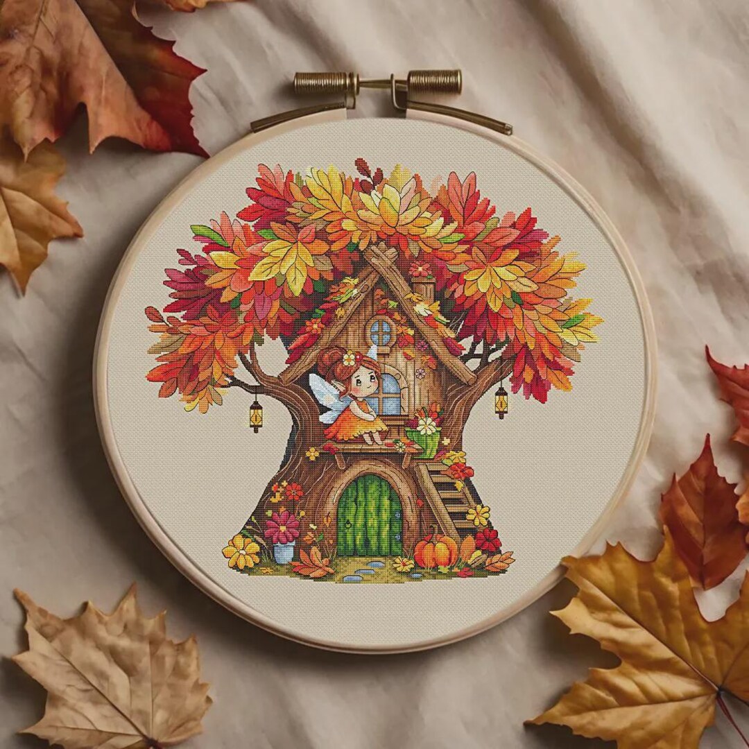 Autumn Fairy Cross Stitch Pattern, Fall Landscape Embroidery (digital ...