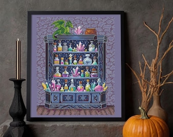 Witch’s Apothecary Potion Cabinet Cross Stitch Pattern, Gothic Halloween Embroidery Chart (PDF)