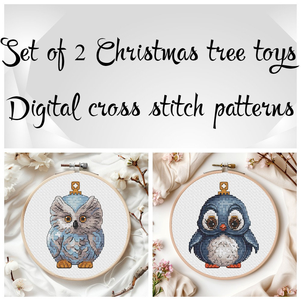 Set of 2 Cross stitch pattern - owl and penguin - Chrictmas tree toys embroidery chart - Digital cro