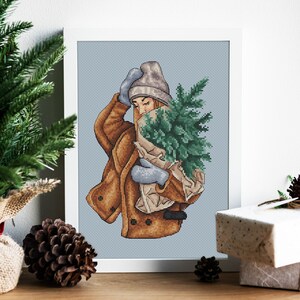 Festive Girl Cross Stitch Pattern Trendy Women with Christmas Tree Bouquet Embroidery Chart