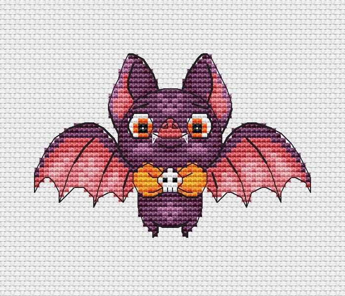 Cute Purple Bat Cross Stitch Pattern: Halloween Embroidery (PDF