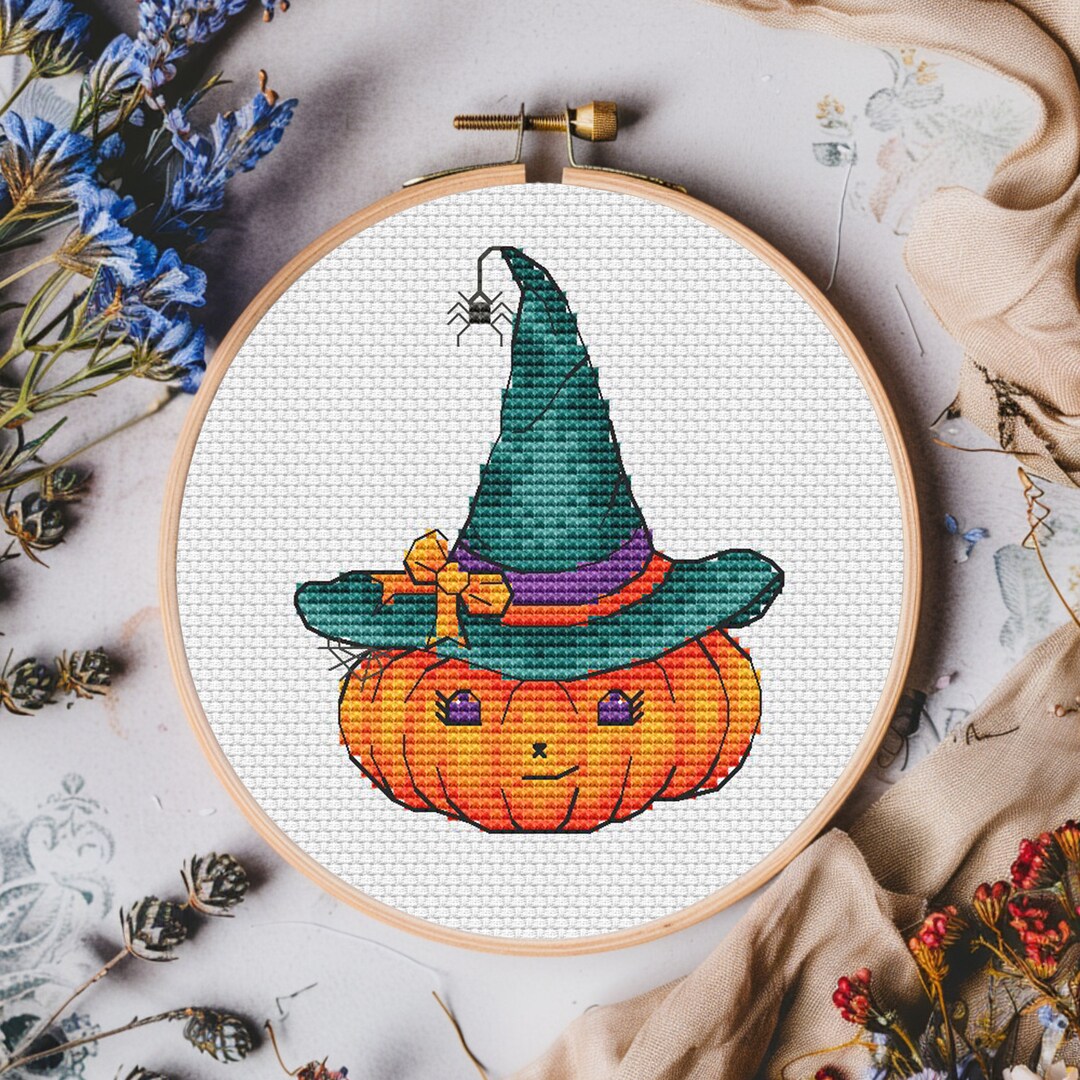 Pumpkin Witch Hat Cross Stitch Pattern, Halloween Embroidery (PDF) - Etsy