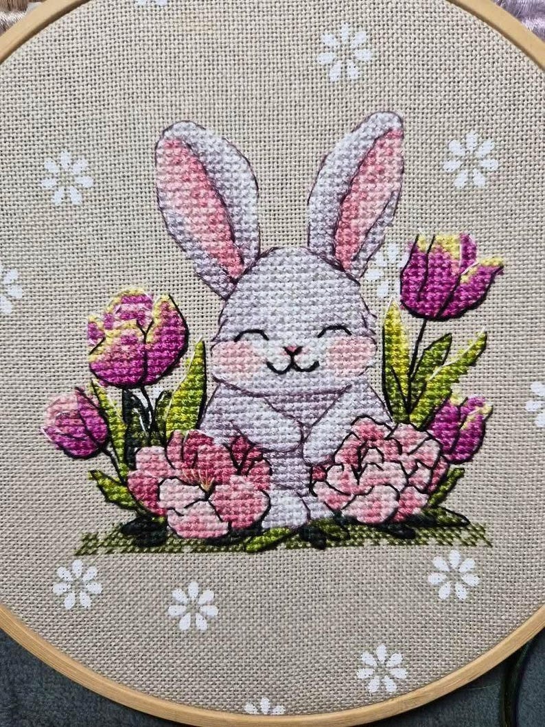 Spring Bunny Cross Stitch Pattern PDF, Rabbit With Flowers, Floral ...