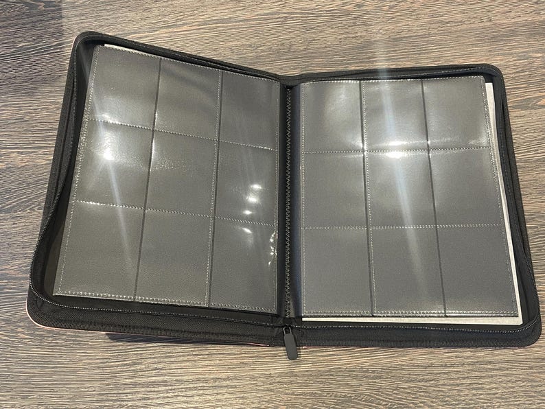 K&ouml;nnte beinhalten: Ge&ouml;ffneter schwarzer Ordner mit transparenten Kunststoffh&uuml;llen, zur Aufnahme von Karten oder Fotos. Der Ordner ist mit einem Rei&szlig;verschluss verschlossen und liegt offen auf einer Holzoberfl&auml;che.
