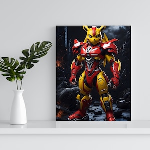 Pode incluir: Um robô amarelo e vermelho com uma cabeça semelhante a Pikachu, em pé em uma superfície escura e rochosa. O robô tem uma placa de peito vermelha e membros amarelos.