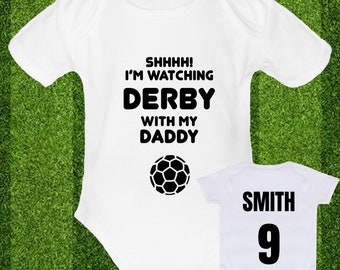 I'm Watching DERBY with Daddy baby grow mummy grandad nana babygrow vest Xmas funny unique FOOTBALL fan gift COUNTY free personalisation