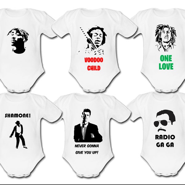 Famous People Music Baby Grow Unique Designs Tupac Michael Jackson Hendrix Bob Marley Rick Astley Freddie Mercury Bowie Elvis John Lennon