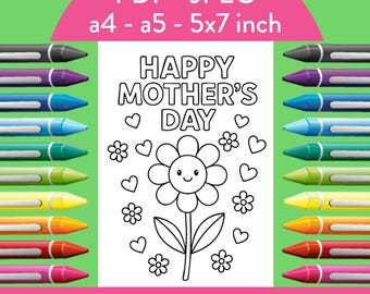 May include: A printable coloring card featuring a black and white illustration of a flower with a smiling face. The card says "Happy Mother's Day" and is surrounded by hearts and flowers. The card is available in PDF and JPEG formats in sizes A4, A5, and 5x7 inches.