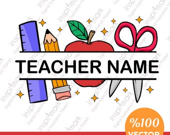 May include: A red apple, a pencil, a ruler, and a pair of scissors are arranged around a banner that says "TEACHER NAME". The background is white with gold stars.