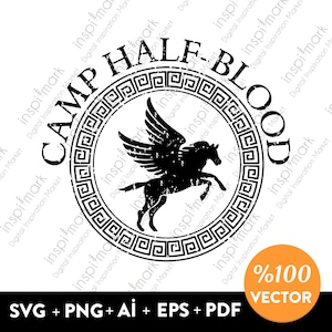 May include: Black and white graphic design of a winged horse with a Greek key border. The text "Camp Half-Blood" is written around the border. The design is distressed and has a vintage look.