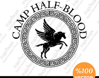 May include: Black and white graphic design of a winged horse with a Greek key border. The text "Camp Half-Blood" is written around the border. The design is distressed and has a vintage look.