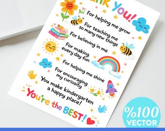 May include: A white card with colorful illustrations and text that reads "Thank You!" with phrases like "For helping me grow" and "You're the BEST!". The design includes a flower, bees, a rainbow, and a rocket.