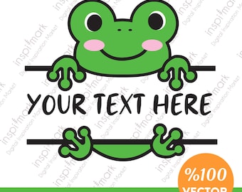 May include: A green cartoon frog holding a horizontal banner with the text "YOUR TEXT HERE". The frog has pink cheeks and is set against a white background. The image includes the text "SVG + DXF + EPS + PNG + PDF" and "%100 VECTOR".