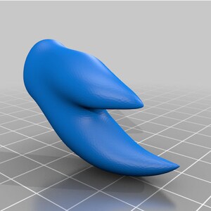 May include: A blue 3D printed model of a curved, pointed shape, resembling a claw or a talon.