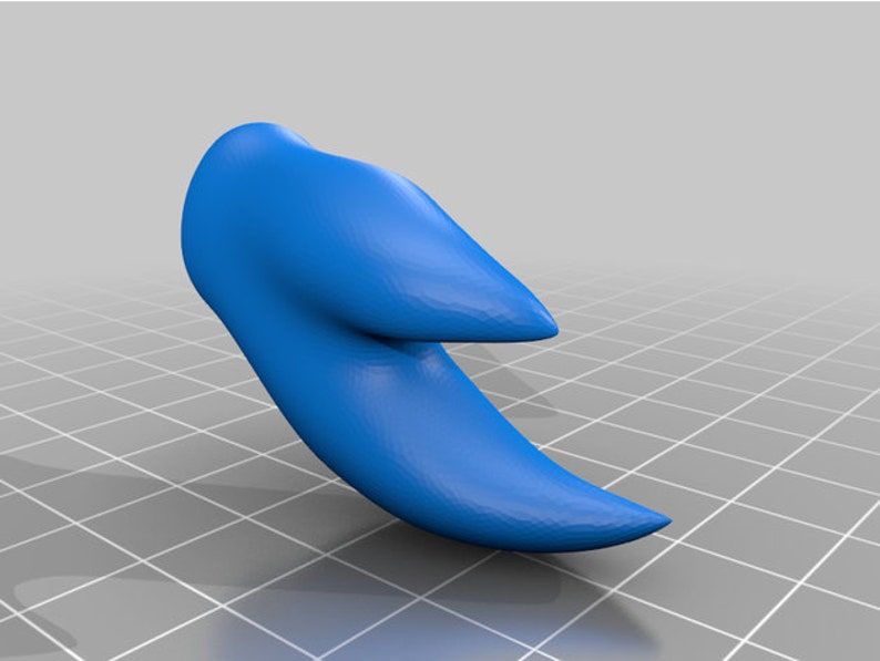 May include: A blue 3D printed model of a curved, pointed shape, resembling a claw or a talon.