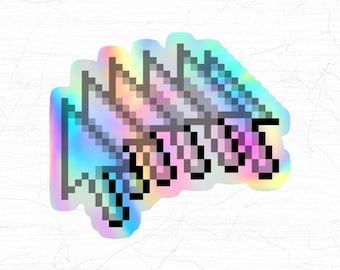 Può includere: Un adesivo olografico di un cursore del mouse del computer pixelato che punta a destra. Il cursore viene ripetuto più volte, creando un effetto a strati.