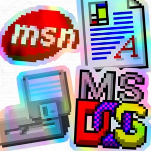 Pacote de adesivos holográficos Y2K, Windows 98 retrô || MS DOS, disquete, MSN, documento (pacote com 4)