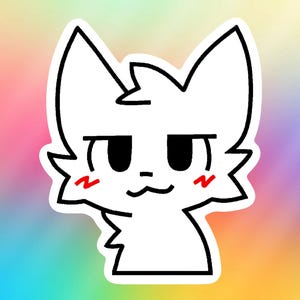 Op de afbeelding: Een witte cartoonkat met zwarte ogen en een rode blos op zijn wangen. De kat heeft een ondeugende uitdrukking en kijkt recht naar de kijker.