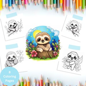 Colouring pages for children, colouring pages sloth, baby sloth, cartoon colouring pages, 8 colouring pages