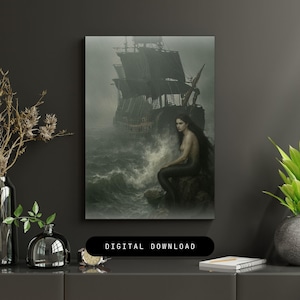Aesthetic siren | mermaid printable poster,Dark Academia Decor, Ghost Ship,Ocean Aesthetic,Fantasy Wall Decor, vintage mysthic sea decor art
